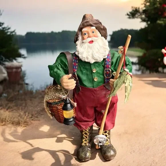 Fabric Mache Christmas Santa Claus Vacation 11" Figurine Holiday Cabincore Fish - Picture 14 of 14